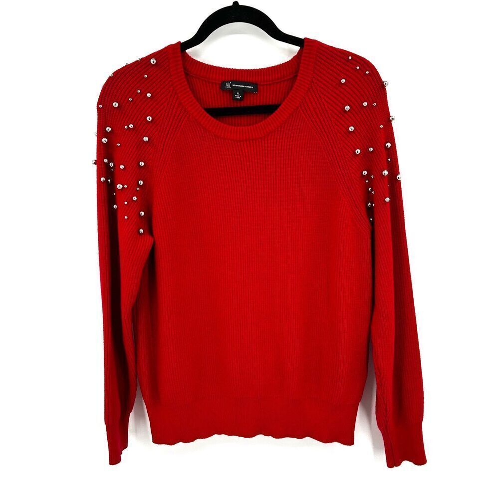 INC INTERNATIONAL CONCEPTS Red Silver Circle Beaded Ribbed Knit Sweater XL